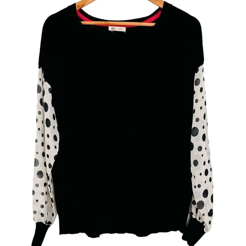 OVLA black sweater with sheer black polka dot sleeves size medium